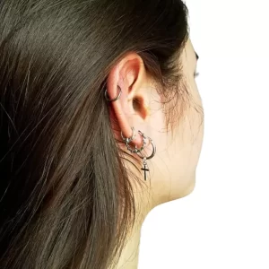 combinacion de pendientes de aro con cruz de plata de ley 14MM con aros bali